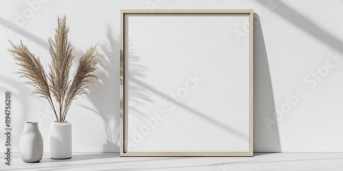 Minimalistic photo frame mockup on a bright wall with soft shadows featuring a light wood frame and decorative vase with pampas grass