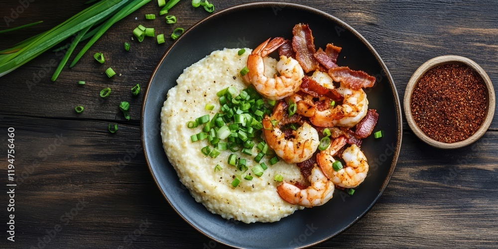 Fresh shrimps and crispy bacon on creamy grits garnished with green onions in a black bowl on a dark wooden table with text space Fresh shrimps and crispy bacon on creamy grits garnished with green onions in a black bowl on a dark wooden table with text space