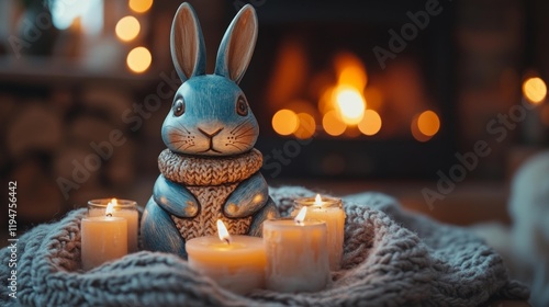 Cozy Blue Wooden Rabbit with Candles. Generative AI photo