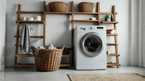 Modern washing machine with basket, shelving unit and ladder near white wall. Interior of home laundry room