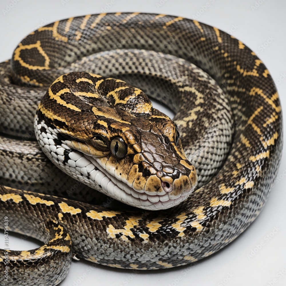 A spotted python coiled in a defensive position on a white background.
A spotted python coiled in a defensive position on a white background.