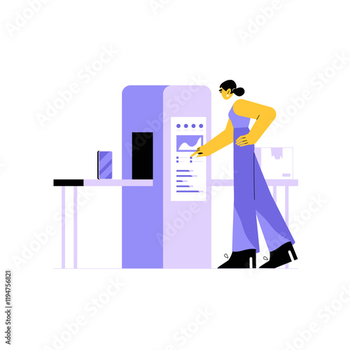 Woman Operating Machine Interface In Flat Vector Illustration Symbolizing Technology, Control, And Industrial Management, Isolated On White Background.