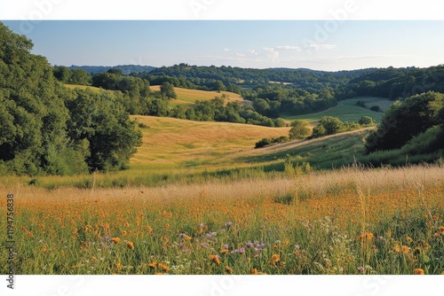 A picturesque landscape features rolling hills bathed in sunlight, with vibrant orange wildflowers dotting the foreground and lush green trees in the distance. photo