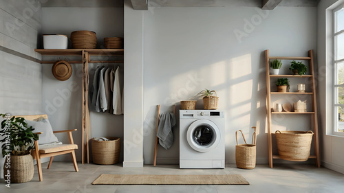 Modern washing machine with basket, shelving unit and ladder near white wall. Interior of home laundry room