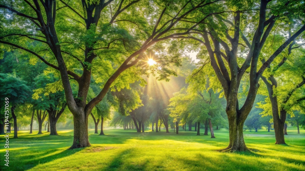 Obraz premium Sunbeams filtering through lush green trees in a tranquil park