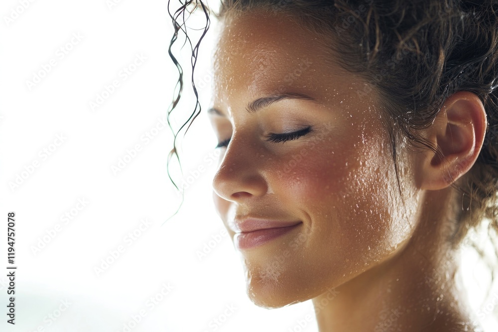 Naklejka premium A close-up shot of a woman's face and hair, with water droplets glistening on her locks