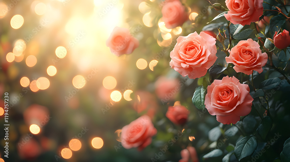 Blooming rose bush against a bokeh background, Valentine's day Blooming rose bush against a bokeh background, Valentine's day