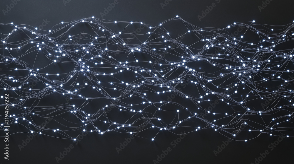 Obraz premium A digital glowing circuit board pattern on a dark gray background, with soft blue and white light emitting from the circuit lines and nodes