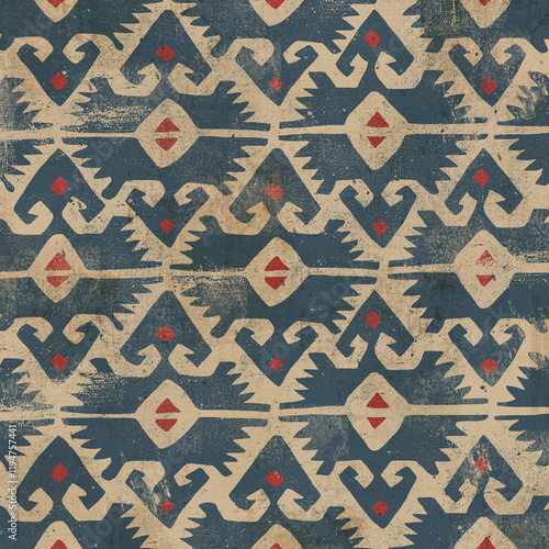 Vintage grunge texture with geometric elements and nature inspired forms. Blue distressed forms with red accents on a taupe grunge background.