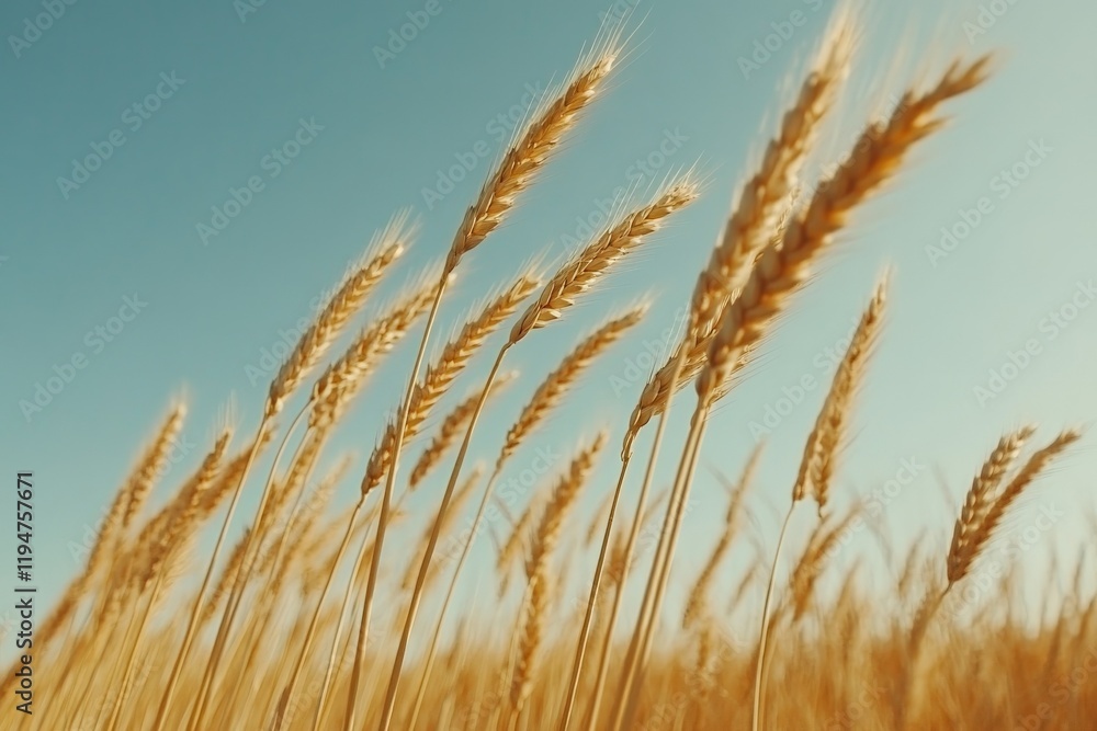 Fototapeta premium A vibrant depiction of a golden wheat field gently swaying in the wind under a clear blue sky, signifying abundance and the beauty of nature's harvest.