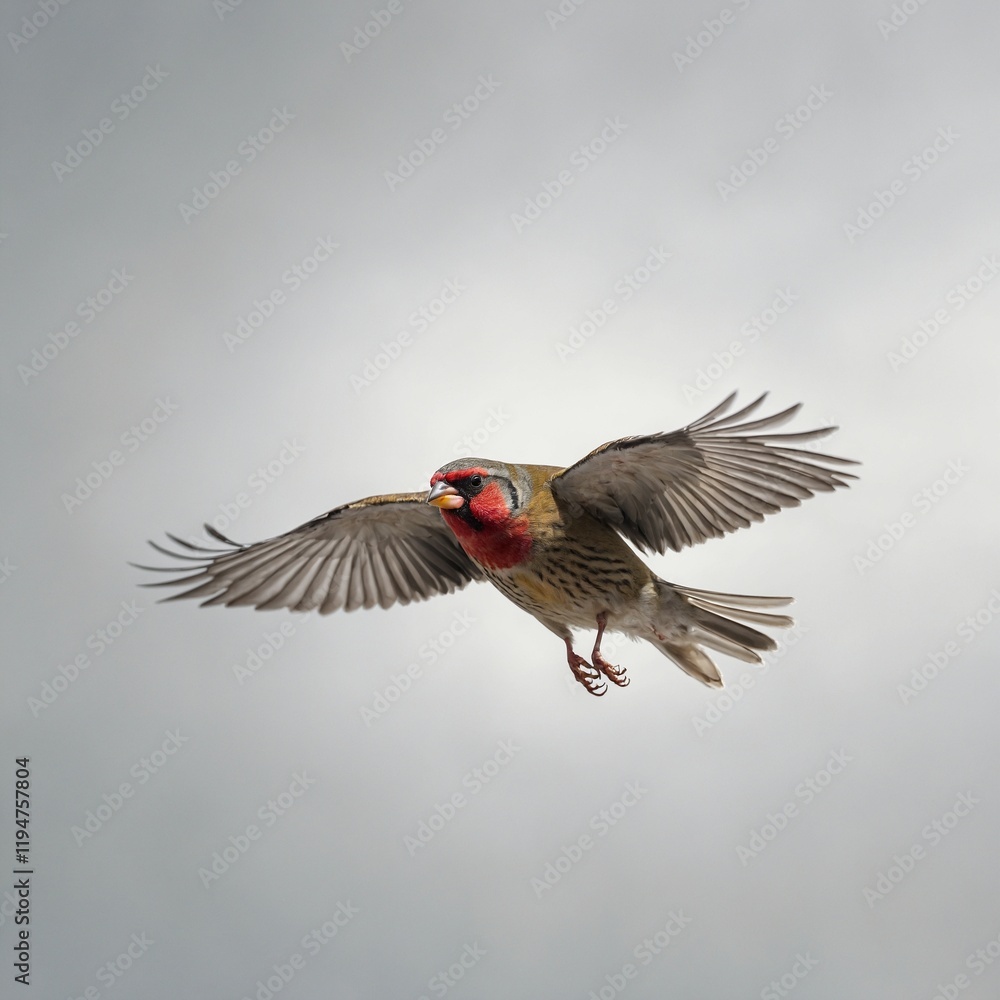 Obraz premium A light and airy depiction of a Finch flying in mid-air with its wings spread out against white space.