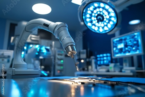 A close-up of a robotic arm equipped with a precision surgical tool, set in an advanced, brightly lit operating room showcasing futuristic medical technology. photo