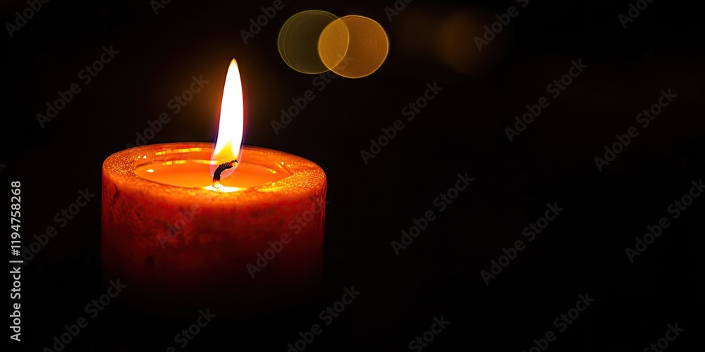 Orange candle flame flickering on the left in dark setting with blurred bokeh lights in the background creating a serene atmosphere for text. Orange candle flame flickering on the left in dark setting with blurred bokeh lights in the background creating a serene atmosphere for text.