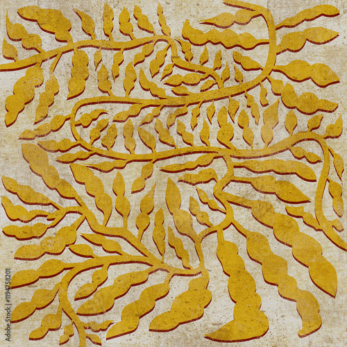 Yellow organic vines with intricate leaves on a grunge and textured taupe background
