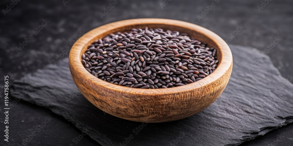Handful of uncooked black rice in a round wooden bowl positioned centrally on a dark stone surface with a textured black background. Handful of uncooked black rice in a round wooden bowl positioned centrally on a dark stone surface with a textured black background.
