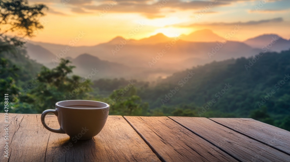 Serene Morning View of Mountains with a Cup of Coffee on a Wooden Table Amidst a Tranquil Landscape at Sunrise Serene Morning View of Mountains with a Cup of Coffee on a Wooden Table Amidst a Tranquil Landscape at Sunrise