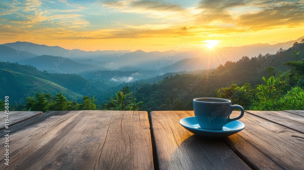 Serene Sunrise Over Mountain Landscape with a Coffee Cup on a Wooden Table Highlighting Nature's Tranquility and Morning Harmony in a Scenic View Serene Sunrise Over Mountain Landscape with a Coffee Cup on a Wooden Table Highlighting Nature's Tranquility and Morning Harmony in a Scenic View