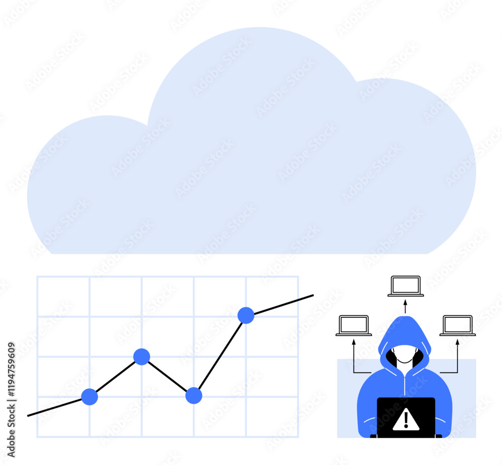 Graph tracking data trends, cloud icon, hacker in hoodie with warning icon, interconnected devices. Ideal for data security, cybersecurity, cloud computing, risk analysis, network monitoring Graph tracking data trends, cloud icon, hacker in hoodie with warning icon, interconnected devices. Ideal for data security, cybersecurity, cloud computing, risk analysis, network monitoring