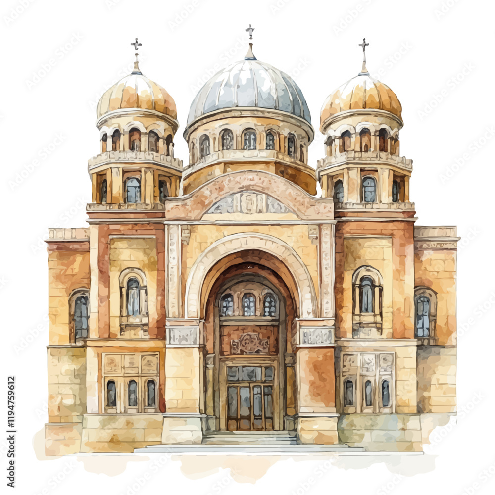 A watercolor of the Great Synagogue, isolated on a white background. The Great Synagogue vector.
A watercolor of the Great Synagogue, isolated on a white background. The Great Synagogue vector.