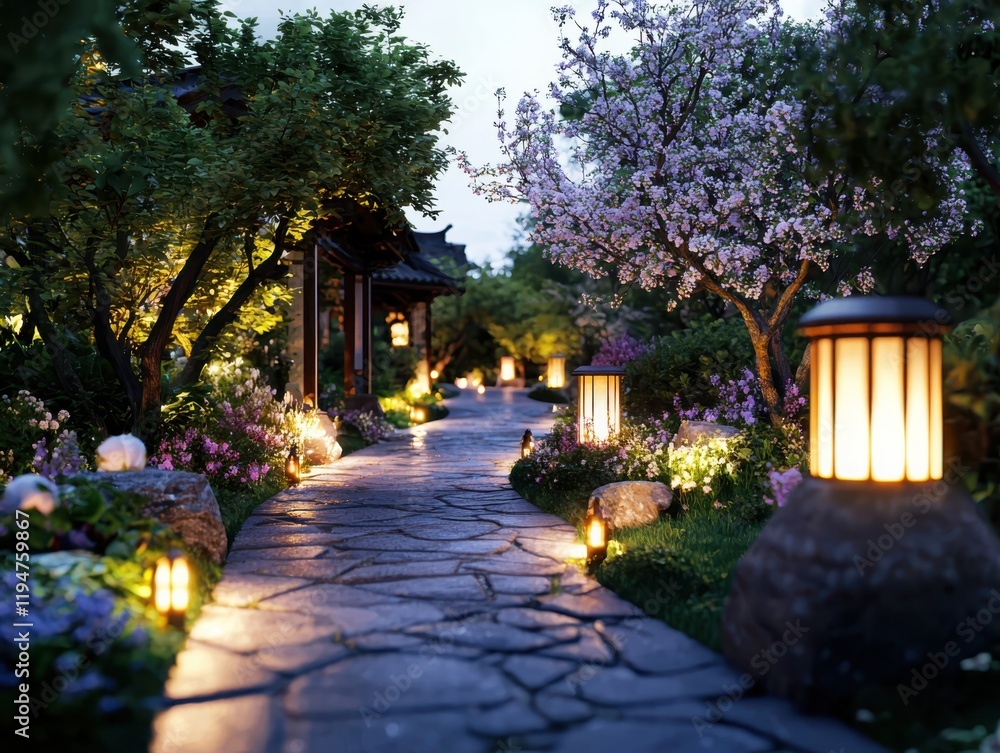 Enchanting evening stroll serene garden pathway image of blooming flowers softly glowing lanterns tranquil environment captivating viewpoint Enchanting evening stroll serene garden pathway image of blooming flowers softly glowing lanterns tranquil environment captivating viewpoint