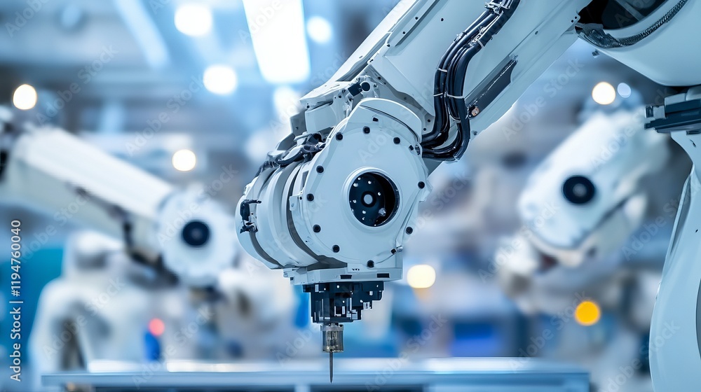 Fototapeta premium A robot facilitating automated quality control in a modern aerospace assembly line with clean, organized quality control stations and advanced inspection technology, Aerospace quality tech style