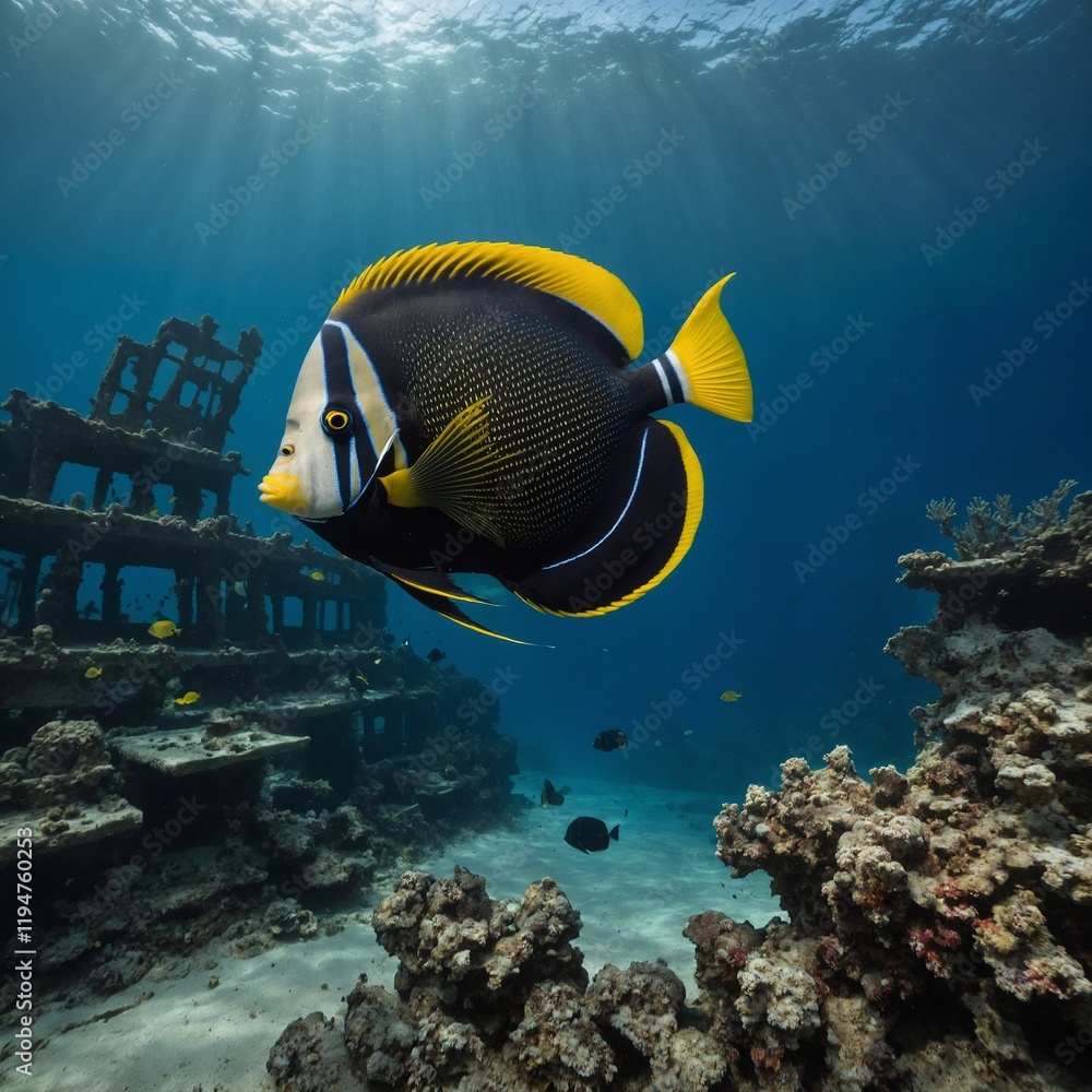 Fototapeta premium Vibrant clownfish playing among swaying sea anemones under a glowing sunbeam breaking through the ocean surface.