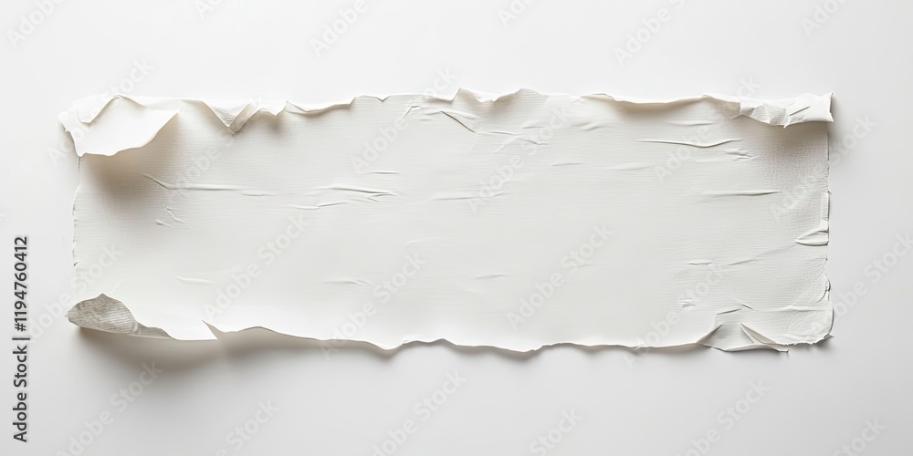 Torn white paper with uneven edges and adhesive tape on the left side positioned centrally against a clean white background Torn white paper with uneven edges and adhesive tape on the left side positioned centrally against a clean white background