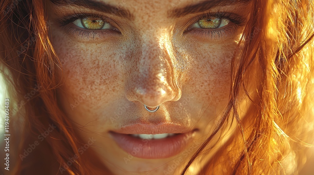 Freckled redhead woman close-up, sunlit beach, summer, beauty Freckled redhead woman close-up, sunlit beach, summer, beauty