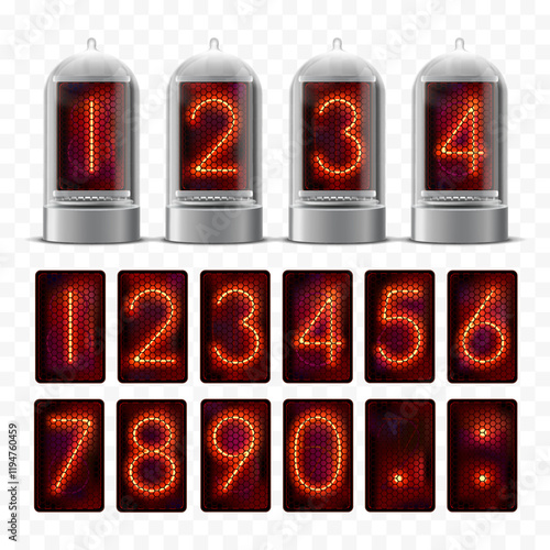 Vintage nixie clock tube. Set of glowing diode digits in glass lamps. Isolated on transparent background. Vector mockup
