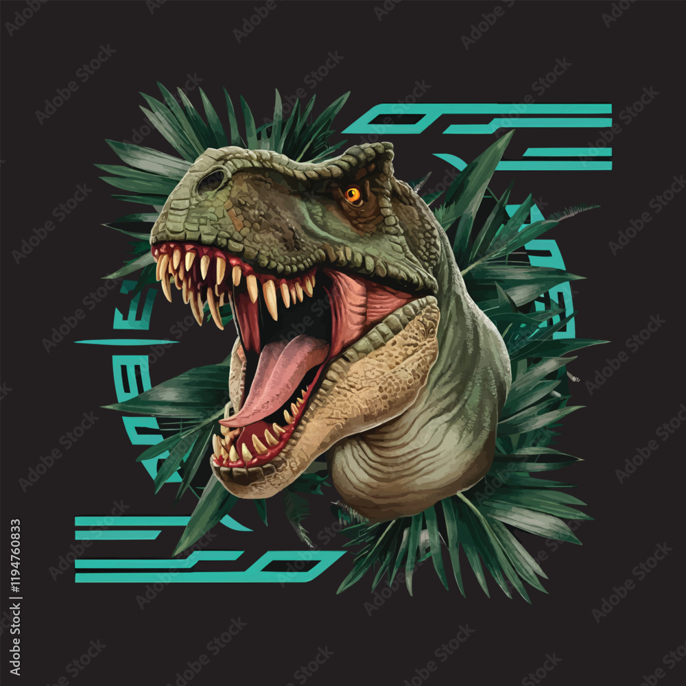 Realistic T. rex with Vibrant Green, Blue, and Yellow Skin and Stormy Atmosphere Realistic T. rex with Vibrant Green, Blue, and Yellow Skin and Stormy Atmosphere