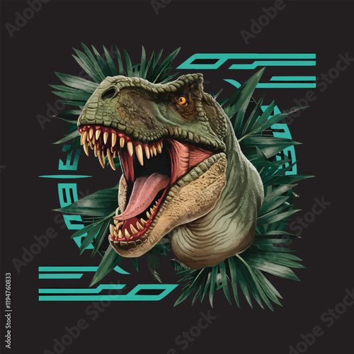 Realistic T. rex with Vibrant Green, Blue, and Yellow Skin and Stormy Atmosphere