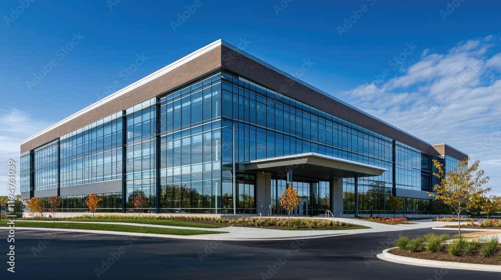 A clean office building exterior with minimalist design and sleek glass panels reflecting the sky. Ample space for copy overlays. A clean office building exterior with minimalist design and sleek glass panels reflecting the sky. Ample space for copy overlays.