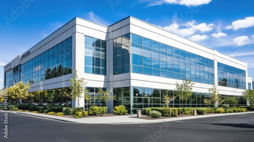 A clean office building exterior with minimalist design and sleek glass panels reflecting the sky. Ample space for copy overlays.