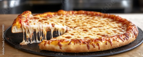 A delicious pizza ad showing a cheesy slice being pulled from a freshly baked pie, 4k photo.