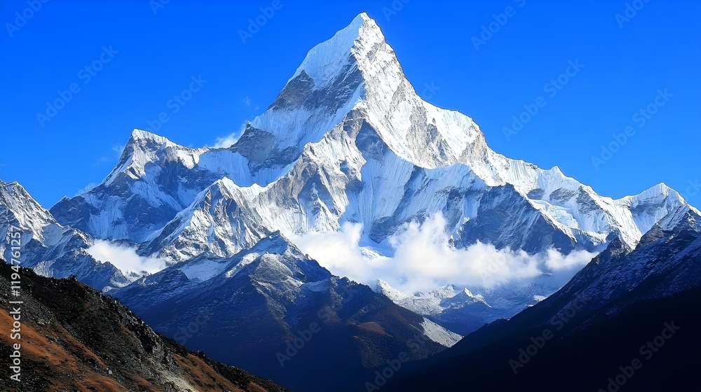 Obraz premium Close-up of the rugged textures of snow-dusted mountain peaks, with the clear blue sky providing a stunning backdrop, highlighting the pristine beauty of winter in nature 