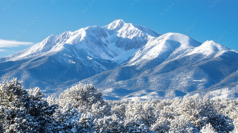 Obraz premium Close-up of the rugged textures of snow-dusted mountain peaks, with the clear blue sky providing a stunning backdrop, highlighting the pristine beauty of winter in nature 