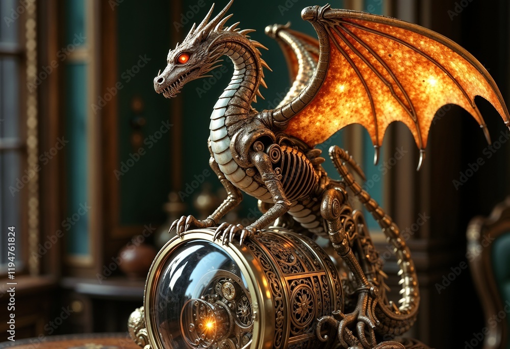 Fototapeta premium Intricate steampunk dragon sculpture perched on a mechanical base with glowing elements