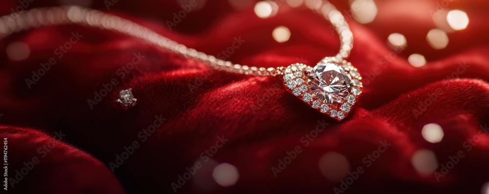 A diamond necklace draped on a red velvet heart, glowing under soft light, 4k photo. A diamond necklace draped on a red velvet heart, glowing under soft light, 4k photo.