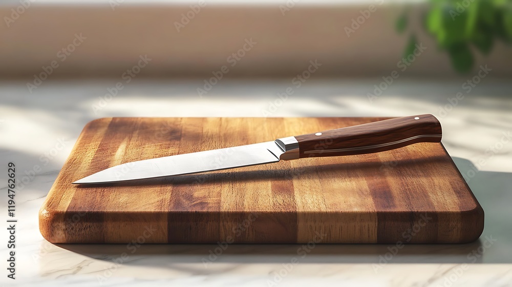 Wooden cutting board with a knife deeply lodged in it classic kitchen Wooden cutting board with a knife deeply lodged in it classic kitchen