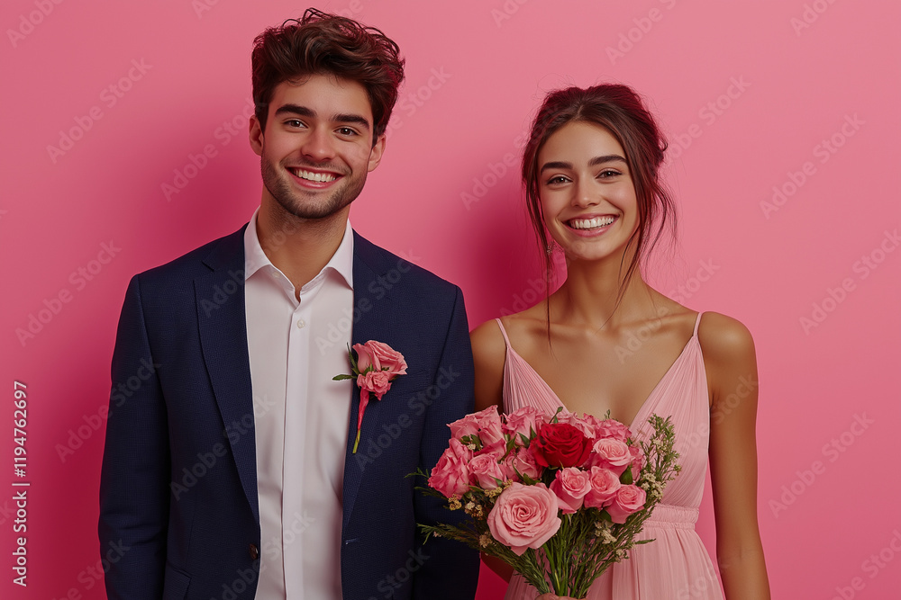 The groomsman in a suit stands next to the bridesmaid in a pink dress with a bouquet of pink roses. The couple smiles happily. The groomsman in a suit stands next to the bridesmaid in a pink dress with a bouquet of pink roses. The couple smiles happily.