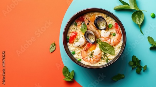 Wallpaper Mural A hearty seafood porridge with a variety of seafood, fresh herbs, and vegetables, placed on a contrasting colored background. Torontodigital.ca