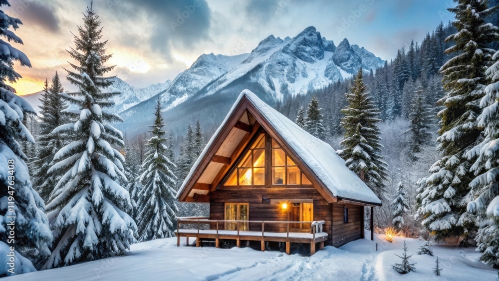 Secluded Winter Cabin Nestled Amongst Snow-Covered Pines in a Majestic Mountain Valley Secluded Winter Cabin Nestled Amongst Snow-Covered Pines in a Majestic Mountain Valley