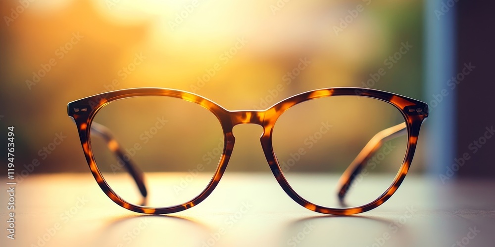 Tortoise shell fashion glasses centered on a table with a warm blurred background featuring soft sunset hues of orange and gold light. Tortoise shell fashion glasses centered on a table with a warm blurred background featuring soft sunset hues of orange and gold light.