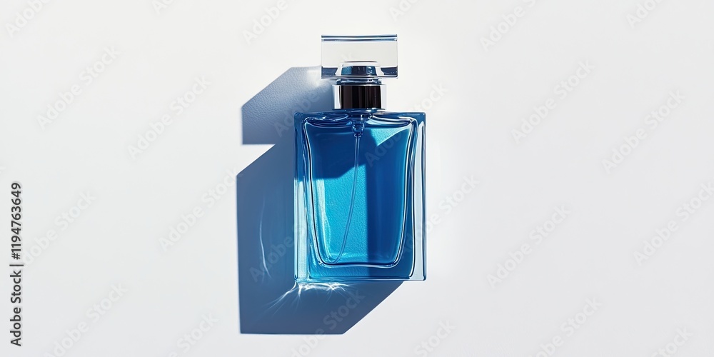 Blue men's fragrance bottle top down view on white background with shadows highlighting shape and color depth, elegant and modern design. Blue men's fragrance bottle top down view on white background with shadows highlighting shape and color depth, elegant and modern design.