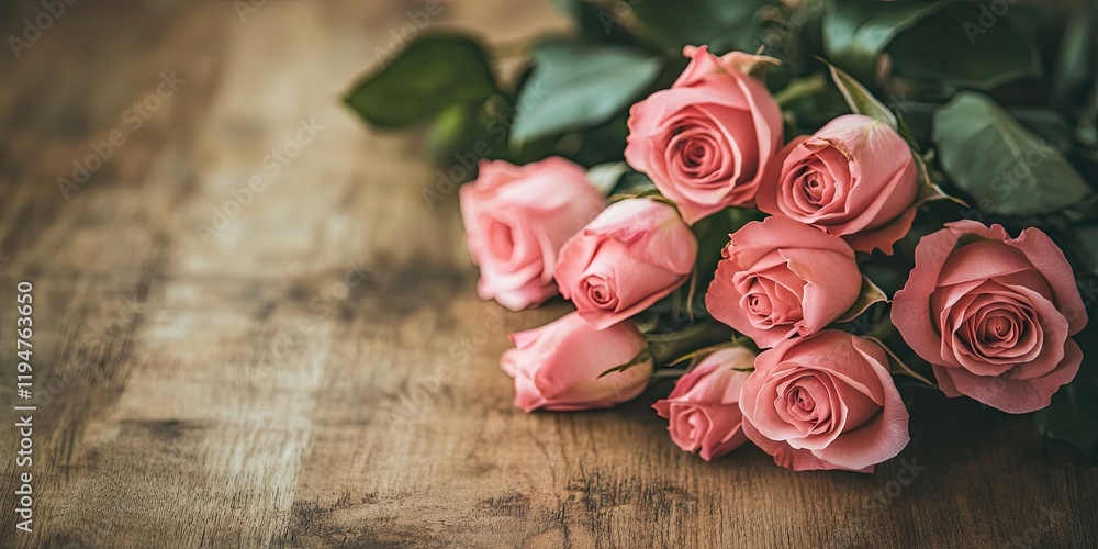 A charming arrangement of pink roses with green leaves on a rustic wooden desk showcasing ample copy space for Valentine's Day promotion A charming arrangement of pink roses with green leaves on a rustic wooden desk showcasing ample copy space for Valentine's Day promotion