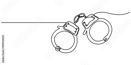 One line continuous drawing design of Handcuffs isolated on white background, Handcuffs in one continuous line drawing. Symbol of police justice and jail prison concept in simple linear style. True. 