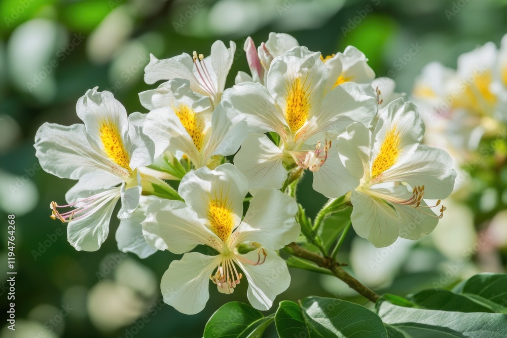 A cluster of white flowers with bright yellow centers, ideal for use in designs related to simplicity and elegance