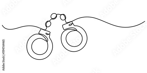 One line continuous drawing design of Handcuffs isolated on white background, Handcuffs in one continuous line drawing. Symbol of police justice and jail prison concept in simple linear style. True. 