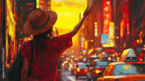 A woman in a straw hat raises her hand to hail a taxi amid a golden sunset glow, enveloped by the vibrant warmth and dynamism of a bustling city atmosphere. photo