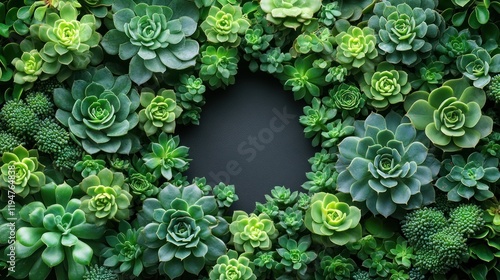 Lush Green Succulent Arrangement Framing a Dark Center with Vibrant Textures and Shades